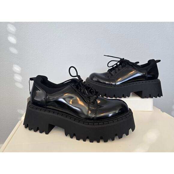 NOT FOR SALE ZARA Loafer Oxford Platform Wedge Blucher NWT Black Patent Size 9 - Picture 2 of 10